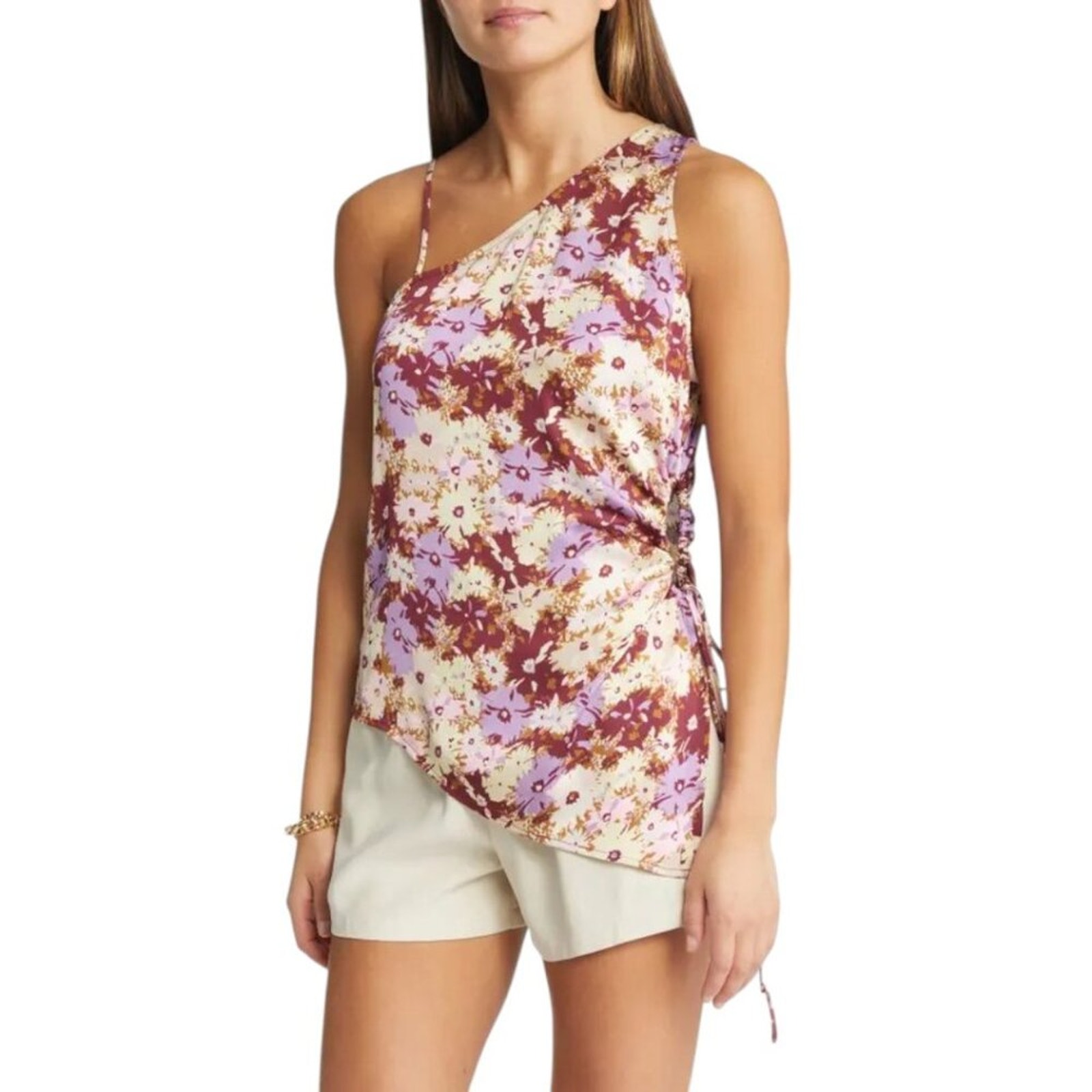 Open Edit Drawstring Detail One-Shoulder Top Brown Toffee Floral Size Small Nwot